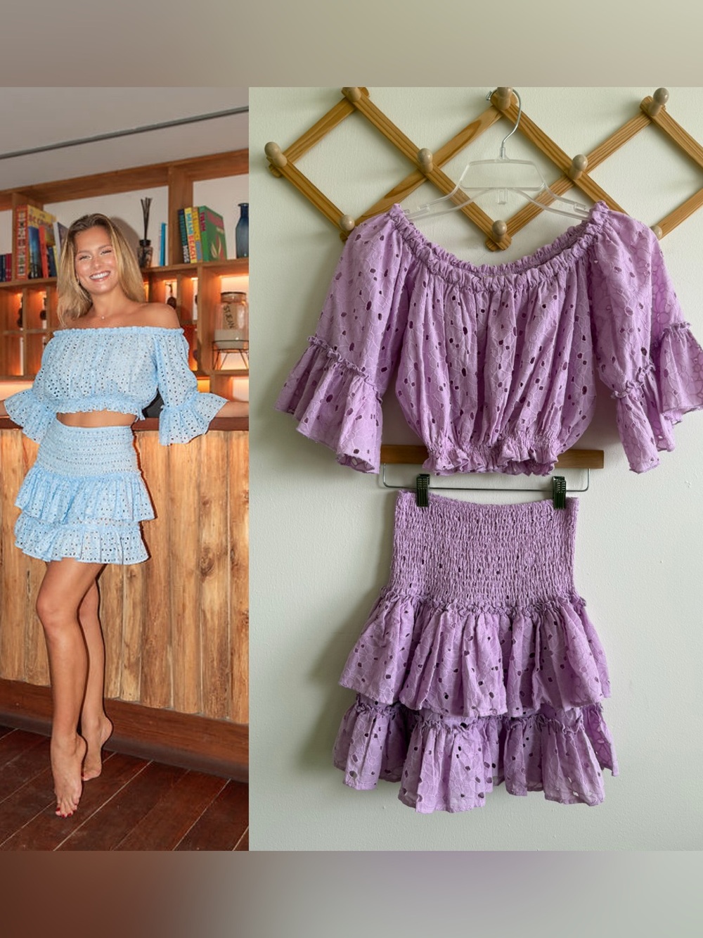 Pop Saint Barth Lux Resort Wear Eyelet Ruffled Top and Skirt Set